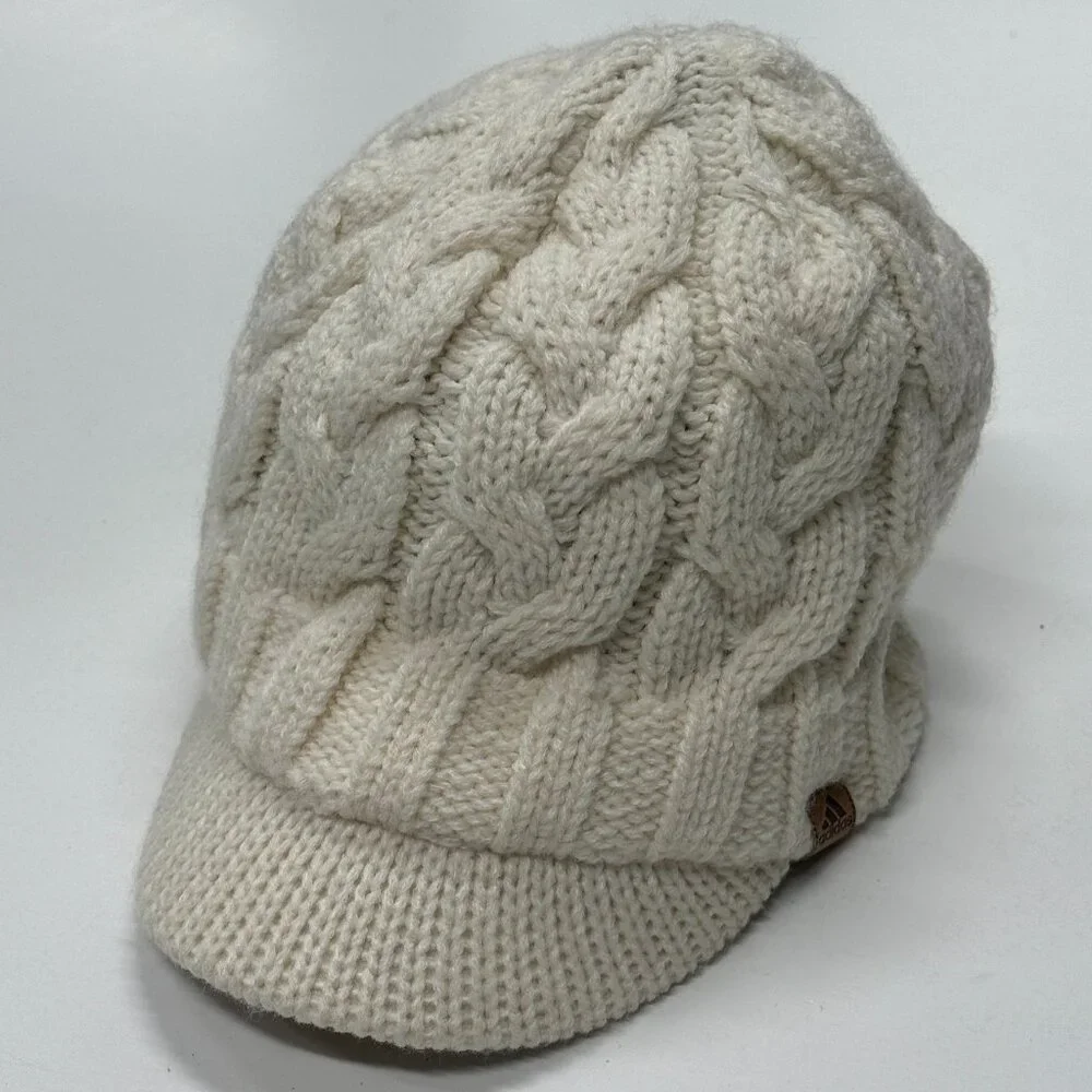 Adidas Climawarm Cable Knit Beanie Hat‎ Brim White Lined Winter Acrylic Womens
